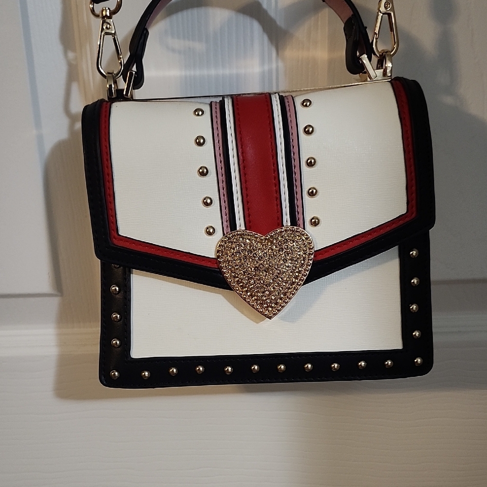 Aldo Black, White, and Red Mini Bag with Gold Heart